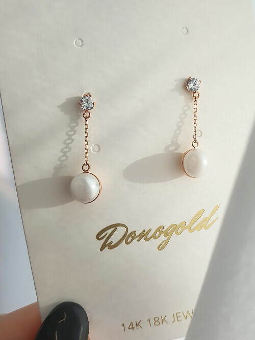 14K 로앤니 큐빅 진주 귀걸이(핀/침형)