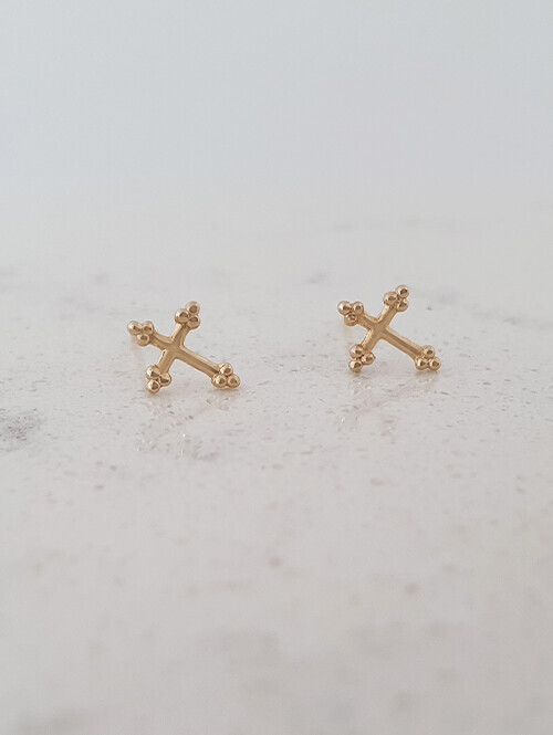 14K 베일 미니 십자가 핀귀걸이