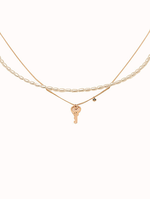 14K 18K 엔틱 열쇠 담수진주 비드 두줄 목걸이