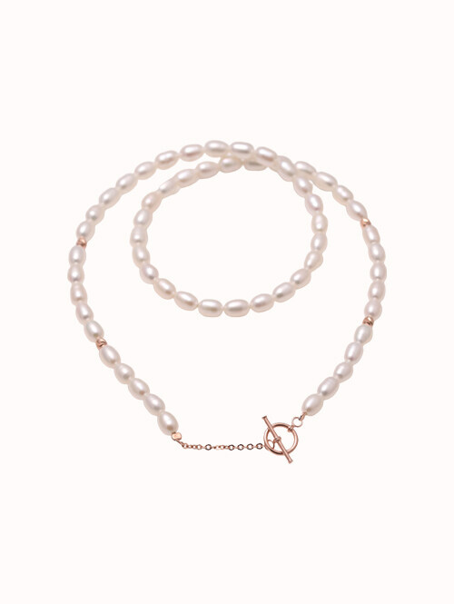 14K 앤나 금볼 토글바 담수진주 목걸이