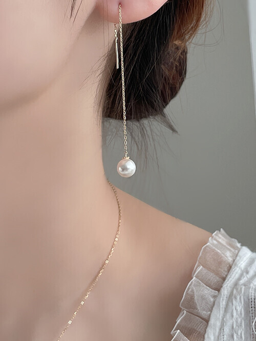 14K 진주 롱 체인 드롭 귀걸이
