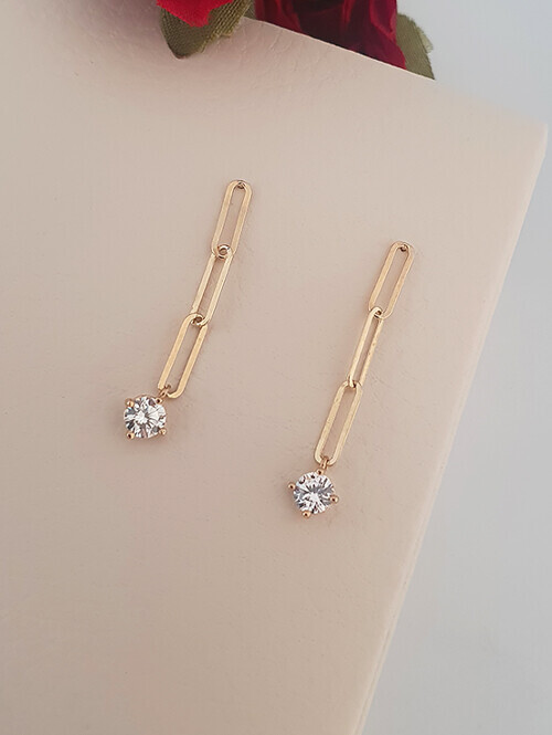 14K 제닌 사슬 큐빅 핀귀걸이