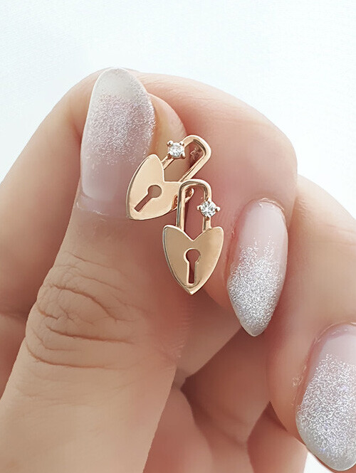 14K 하트 키 자물쇠 귀걸이 (침/핀형)