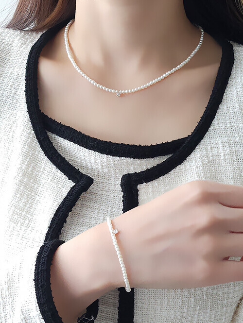 14K 큐빅포인트 미니 밥알 담수진주 비드목걸이(6발)