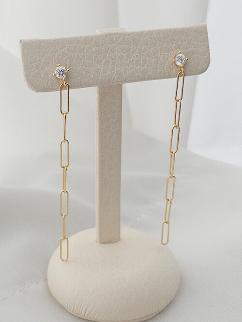 14K 18K 청순 큐빅 클립체인 롱 드롭 귀걸이(핀/침형)