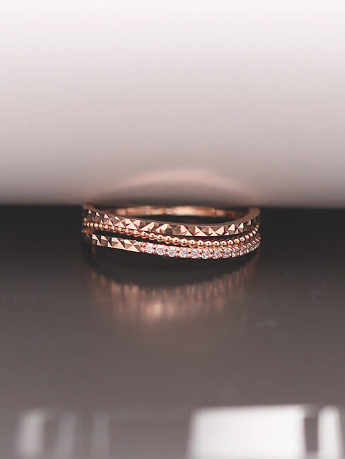 14K 18K 컷팅볼 큐빅 세줄 레이어드 반지