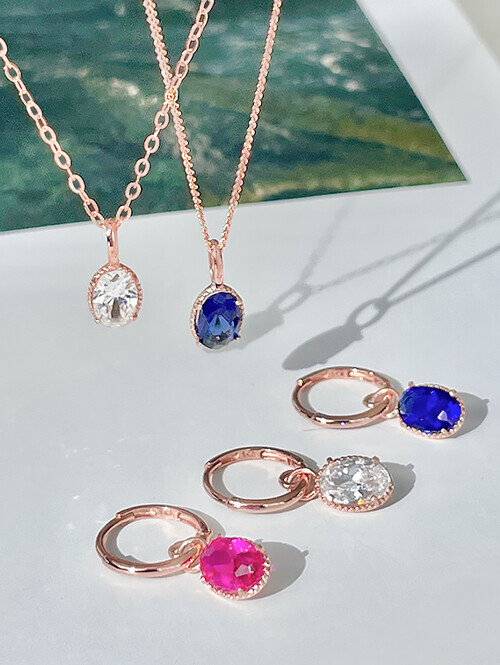 14K 컬러드 오벌컷팅 큐빅 귀걸이