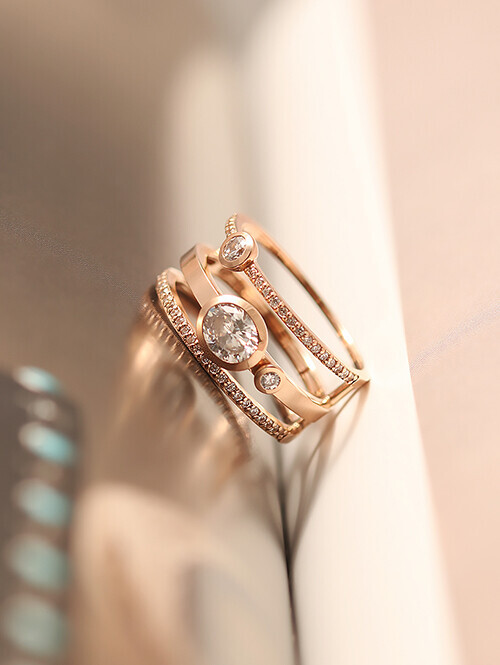 14K 18K 트리플 타원큐빅 세줄 레이어드 반지