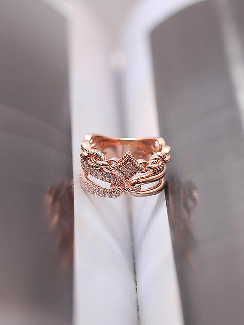 14K 18K 디뮤얼 플라워 큐빅라운드 두줄 반지