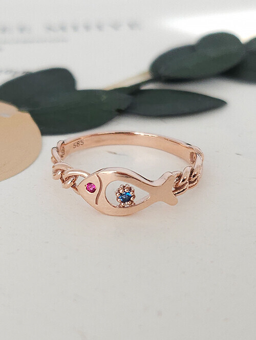 14K 18K 블루레드 큐빅 체인링 행운 물고기반지