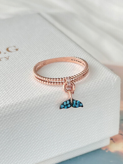 14K 18K 와이밍 두줄 블루큐빅 행운 돌고래꼬리 반지