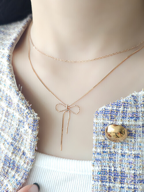 14K 18K 슬러시 박스체인 드롭 리본 목걸이