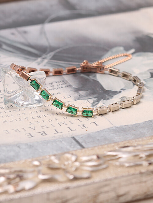 14K 18K 브릭레일 삼색 팔찌 (야그 에메랄드,화이트큐빅)